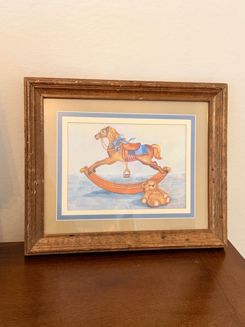 Vintage Americana Rocking Horse & Teddy Bear Framed Print Wall Art